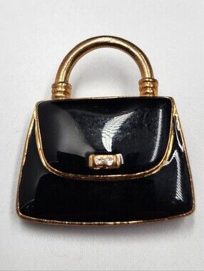 Vintage Enamel Purse Brooch Pin With Rhinestones Gold Tone Black Handbag Pin